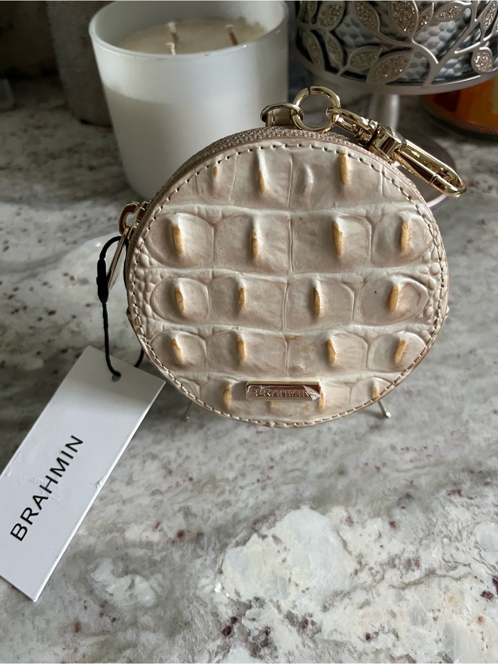 Brahmin Metallic cream w gold Croc-Embossed Round Coin Purse Keychain